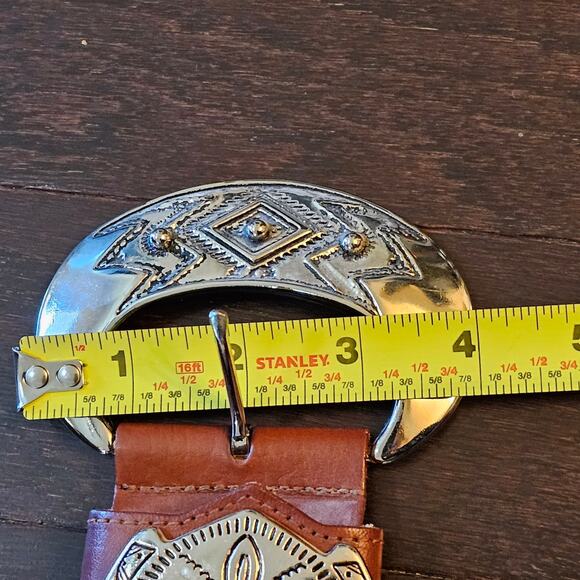 Boho Style Western Belt Made in Mexico Silver Tone Buckle Brown Leather - Picture 9 of 9